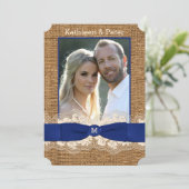 FAUX Burlap, Lace, Bow PHOTO Wedding Invite - Blau Kaart (Staand voorkant)