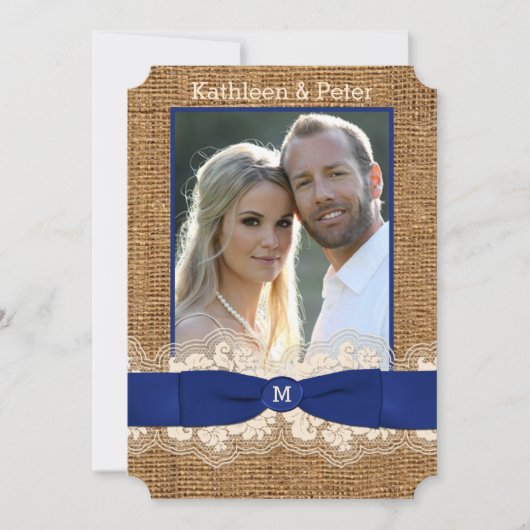 FAUX Burlap, Lace, Bow PHOTO Wedding Invite - Blau Kaart (Voorkant)