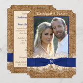 FAUX Burlap, Lace, Bow PHOTO Wedding Invite - Blau Kaart (Voorkant / Achterkant)