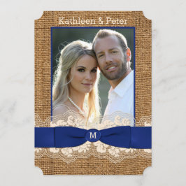 FAUX Burlap, Lace, Bow PHOTO Wedding Invite - Blau Kaart
