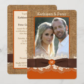 FAUX Burlap Lace Bow PHOTO Wedding Invite, Brown 2 Kaart (Voorkant / Achterkant)
