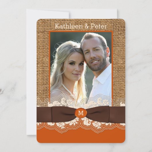 FAUX Burlap Lace Bow PHOTO Wedding Invite, Brown 2 Kaart (Voorkant)