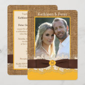 FAUX Burlap Lace Bow PHOTO Wedding Invite, Brown 3 Kaart (Voorkant / Achterkant)