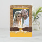 FAUX Burlap Lace Bow PHOTO Wedding Invite, Brown 3 Kaart (Staand voorkant)