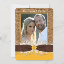 FAUX Burlap Lace Bow PHOTO Wedding Invite, Brown 3 Kaart