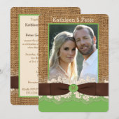 FAUX Burlap Lace Bow PHOTO Wedding Invite, Brown 4 Kaart (Voorkant / Achterkant)