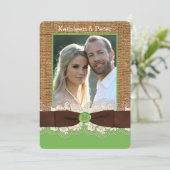 FAUX Burlap Lace Bow PHOTO Wedding Invite, Brown 4 Kaart (Staand voorkant)