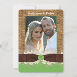 FAUX Burlap Lace Bow PHOTO Wedding Invite, Brown 4 Kaart