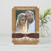 FAUX Burlap, Lace, Bow PHOTO Wedding Invite, Brown Kaart (Staand voorkant)
