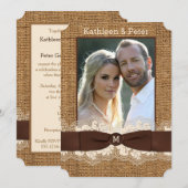 FAUX Burlap, Lace, Bow PHOTO Wedding Invite, Brown Kaart (Voorkant / Achterkant)