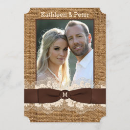 FAUX Burlap, Lace, Bow PHOTO Wedding Invite, Brown Kaart