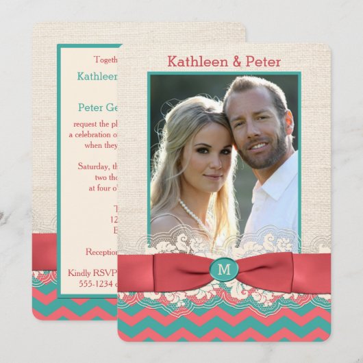 FAUX Burlap Lace Bow PHOTO Wedding Invite, Chevron Kaart (Voorkant / Achterkant)