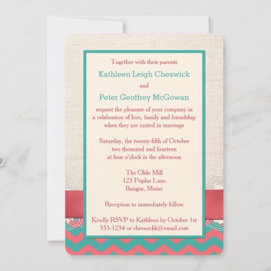 FAUX Burlap Lace Bow PHOTO Wedding Invite, Chevron Kaart (Achterkant)