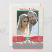 FAUX Burlap Lace Bow PHOTO Wedding Invite, Chevron Kaart (Voorkant)