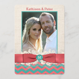 FAUX Burlap Lace Bow PHOTO Wedding Invite, Chevron Kaart