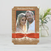 FAUX Burlap Lace Bow PHOTO Wedding Invite - Oranje Kaart (Staand voorkant)
