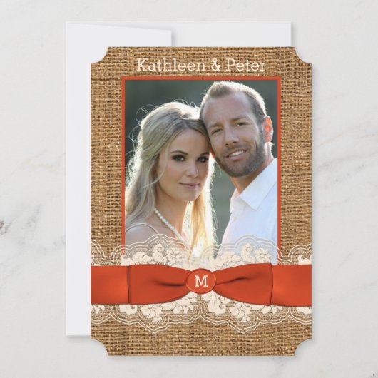 FAUX Burlap Lace Bow PHOTO Wedding Invite - Oranje Kaart (Voorkant)