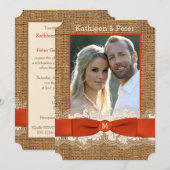 FAUX Burlap Lace Bow PHOTO Wedding Invite - Oranje Kaart (Voorkant / Achterkant)