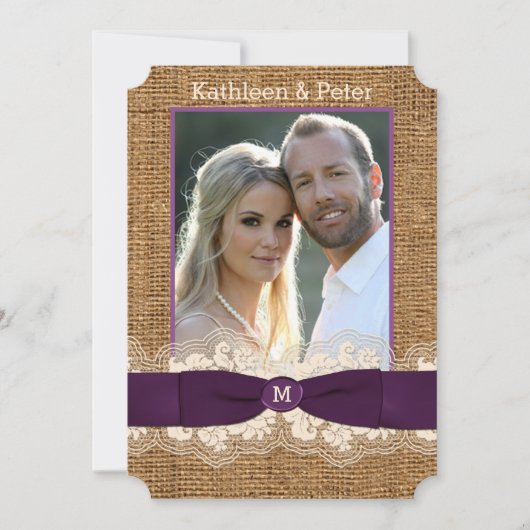 FAUX Burlap Lace Bow PHOTO Wedding Invite, Paars Kaart (Voorkant)