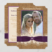 FAUX Burlap Lace Bow PHOTO Wedding Invite, Paars Kaart (Voorkant / Achterkant)