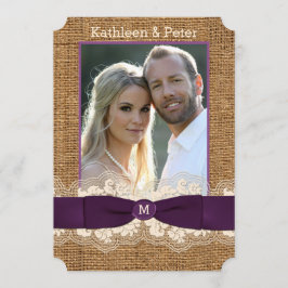 FAUX Burlap Lace Bow PHOTO Wedding Invite, Paars Kaart
