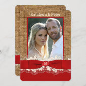 FAUX Burlap, Lace, Bow PHOTO Wedding Invite, Rood  Kaart (Voorkant / Achterkant)