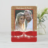 FAUX Burlap, Lace, Bow PHOTO Wedding Invite, Rood  Kaart (Staand voorkant)