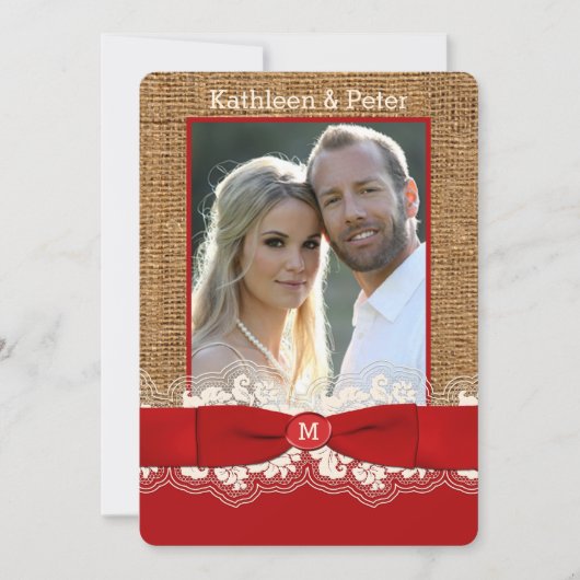FAUX Burlap, Lace, Bow PHOTO Wedding Invite, Rood  Kaart (Voorkant)