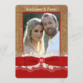 FAUX Burlap, Lace, Bow PHOTO Wedding Invite, Rood  Kaart