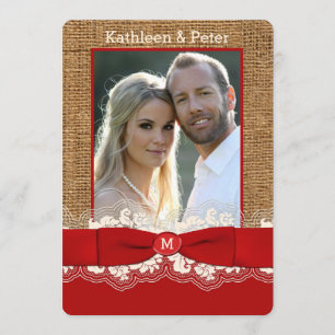 FAUX Burlap, Lace, Bow PHOTO Wedding Invite, Rood Kaart