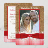 FAUX Burlap, Lace, Bow PHOTO Wedding Invite, Rood  Kaart (Voorkant / Achterkant)