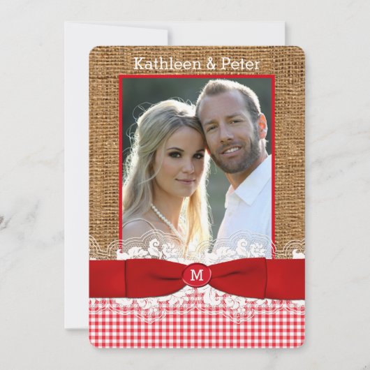 FAUX Burlap, Lace, Bow PHOTO Wedding Invite, Rood  Kaart (Voorkant)