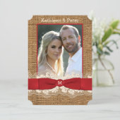 FAUX Burlap, Lace, Bow PHOTO Wedding Invite - Rood Kaart (Staand voorkant)