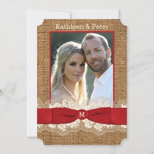 FAUX Burlap, Lace, Bow PHOTO Wedding Invite - Rood Kaart (Voorkant)
