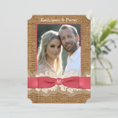 FAUX Burlap, Lace, Bow PHOTO Wedding Invite - Roze Kaart (Staand voorkant)