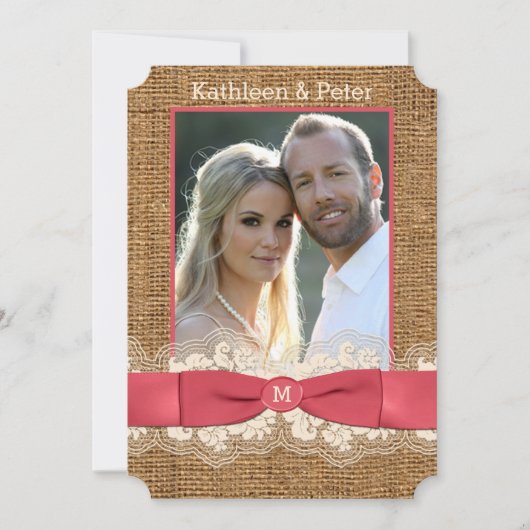 FAUX Burlap, Lace, Bow PHOTO Wedding Invite - Roze Kaart (Voorkant)