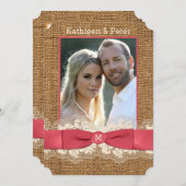 FAUX Burlap, Lace, Bow PHOTO Wedding Invite - Roze Kaart (Voorkant / Achterkant)