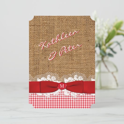 FAUX Burlap, Lace, Gingham Wedding Invite - Rood Kaart (Staand voorkant)