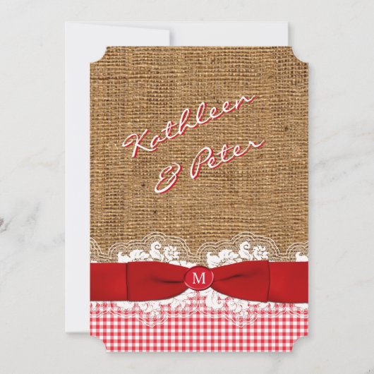FAUX Burlap, Lace, Gingham Wedding Invite - Rood Kaart (Voorkant)