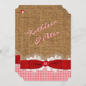 FAUX Burlap, Lace, Gingham Wedding Invite - Rood Kaart (Voorkant / Achterkant)
