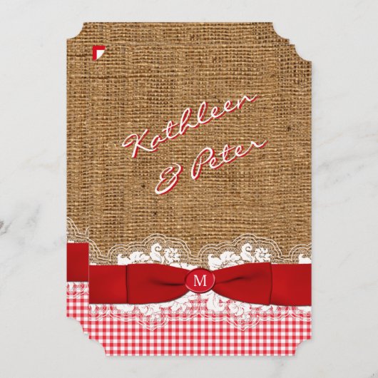 FAUX Burlap, Lace, Gingham Wedding Invite - Rood Kaart (Voorkant / Achterkant)