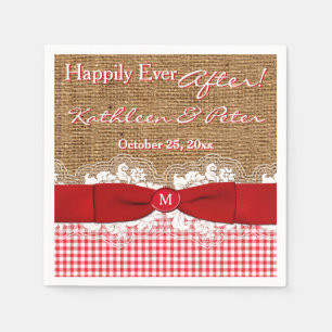 FAUX Burlap, Lace, Gingham Wedding Napkins - Rood Servetten