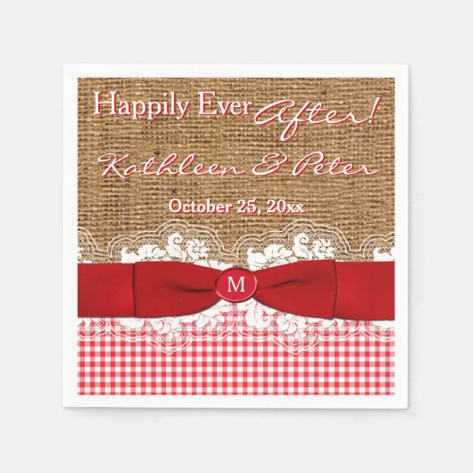FAUX Burlap, Lace, Gingham Wedding Napkins - Rood Servetten (Voorkant)