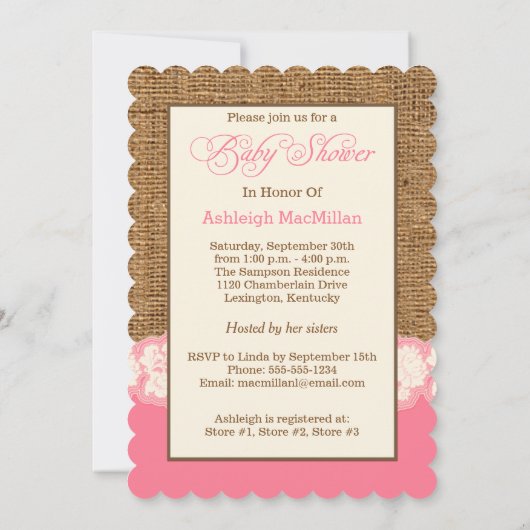 FAUX Burlap, Lace Photo Baby shower nodigt uit Kaart (Achterkant)