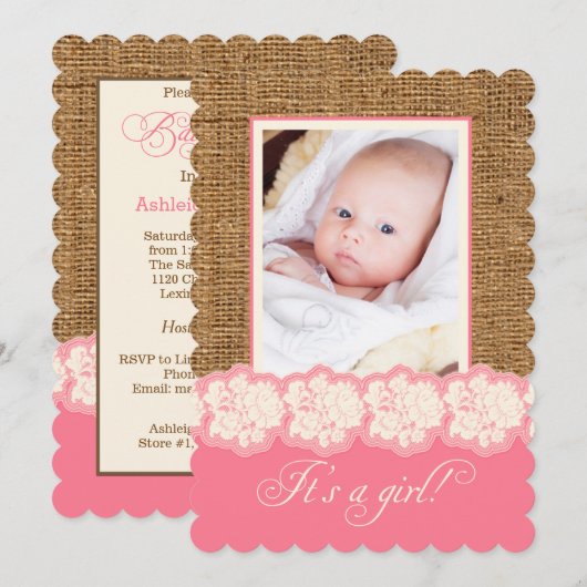 FAUX Burlap, Lace Photo Baby shower nodigt uit Kaart (Voorkant / Achterkant)