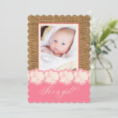 FAUX Burlap, Lace Photo Baby shower nodigt uit Kaart (Staand voorkant)