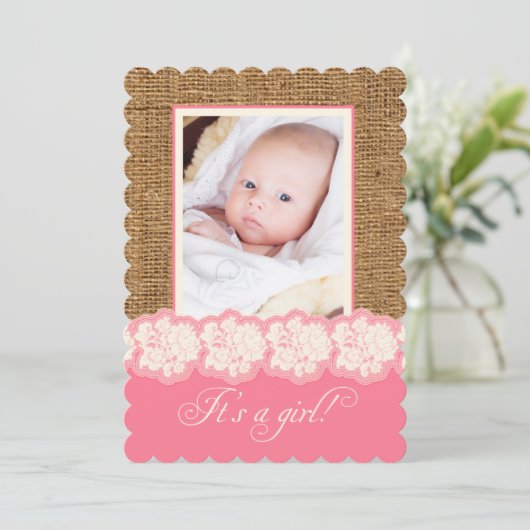FAUX Burlap, Lace Photo Baby shower nodigt uit Kaart (Staand voorkant)