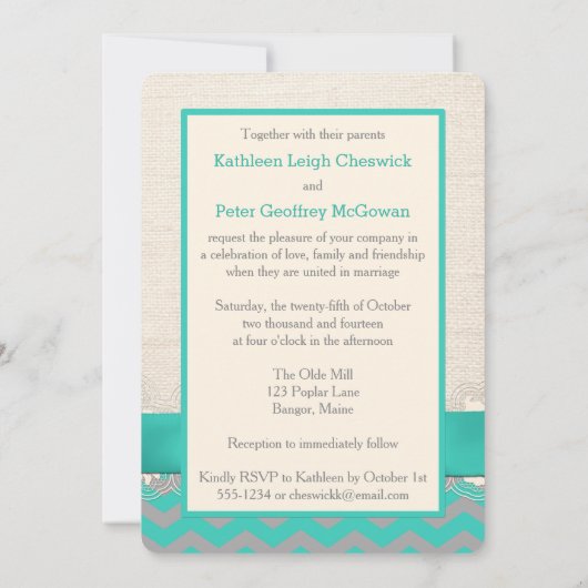 FAUX Burlap, Lace PHOTO Wedding Invite, Chevron 2 Kaart (Achterkant)