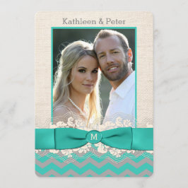 FAUX Burlap, Lace PHOTO Wedding Invite, Chevron 2 Kaart