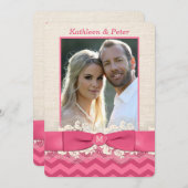 FAUX Burlap, Lace PHOTO Wedding Invite, Chevron 3 Kaart (Voorkant / Achterkant)